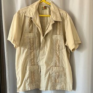 Beige Short Sleeve Haband Guayabera Button-Up Shirt